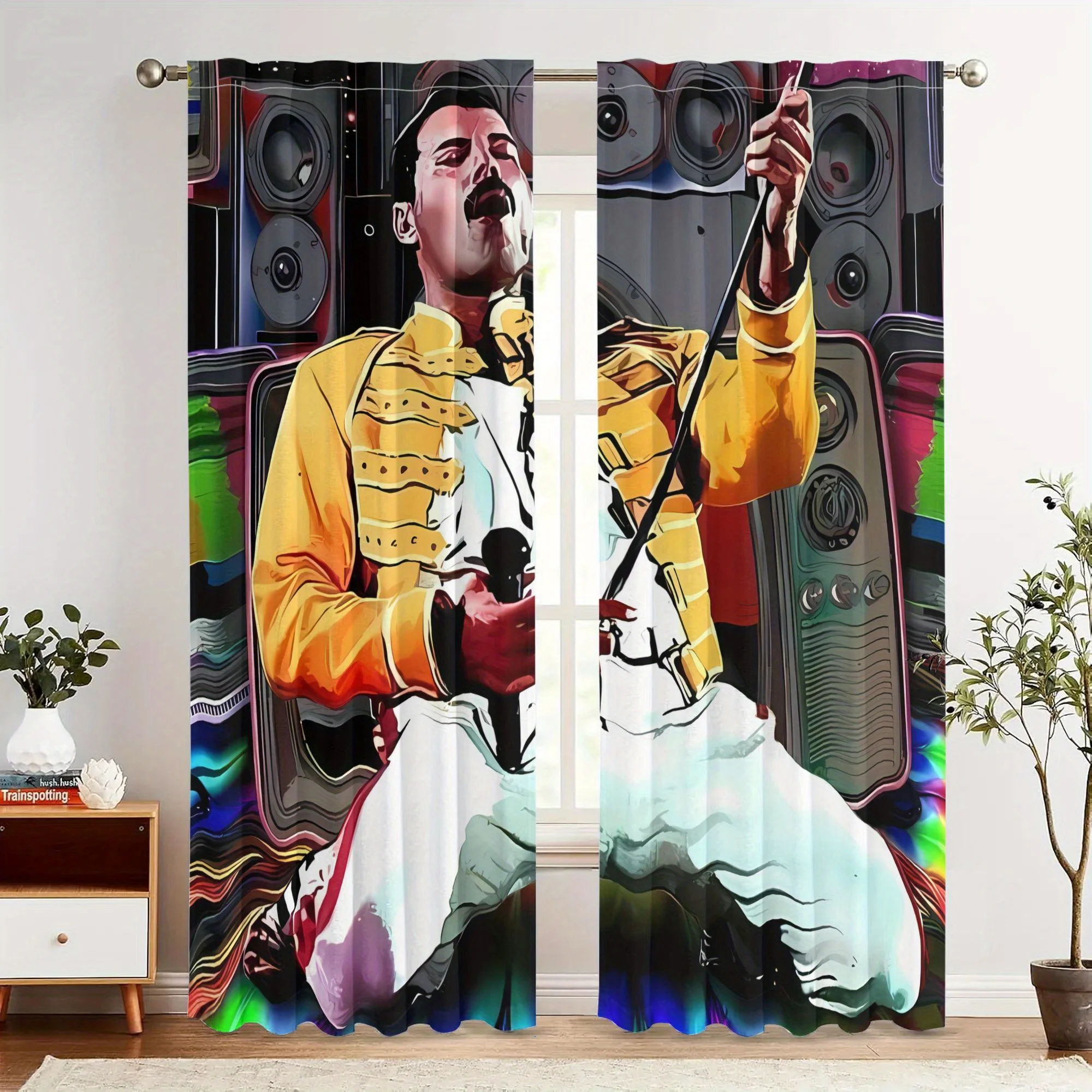 Vintage Rock Singer Graphic Blackout Curtains - Yellow Jacket Singer Concert Stage Art Window Drapes for Music Room Bar Decor