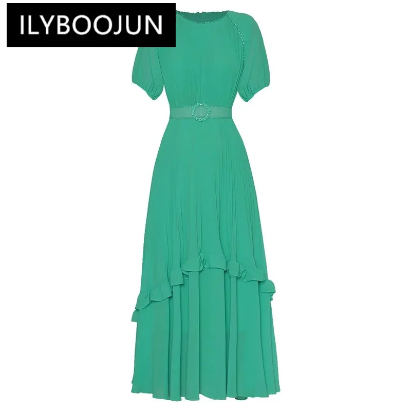 

ILYBOOJUN Fashion Designer Summer Women's Dress Elegant Solid Color Beading Pleated Chiffon Tunics Sashes Ruffles Long Dresses