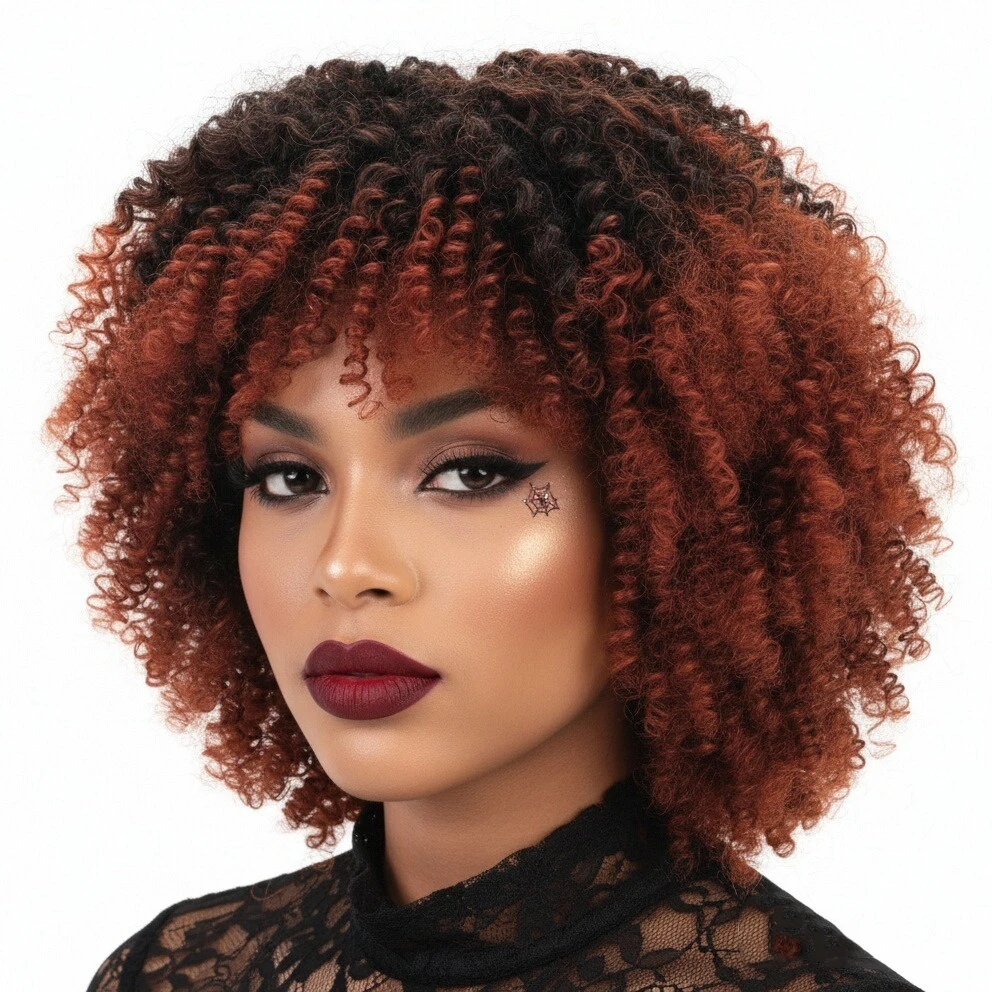 

MSIWIGS Short Afro Kinkly Curly Ombre Synthetic Wig with Bangs for Women Daily Headgear