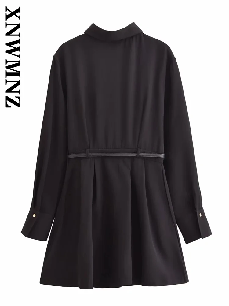 XNWMNZ Woman's 2024 Autumn Trendy Party Turn-down Collar belt Dresses Female Casual Long Sleeve Single-breasted Mini Skirt Dress