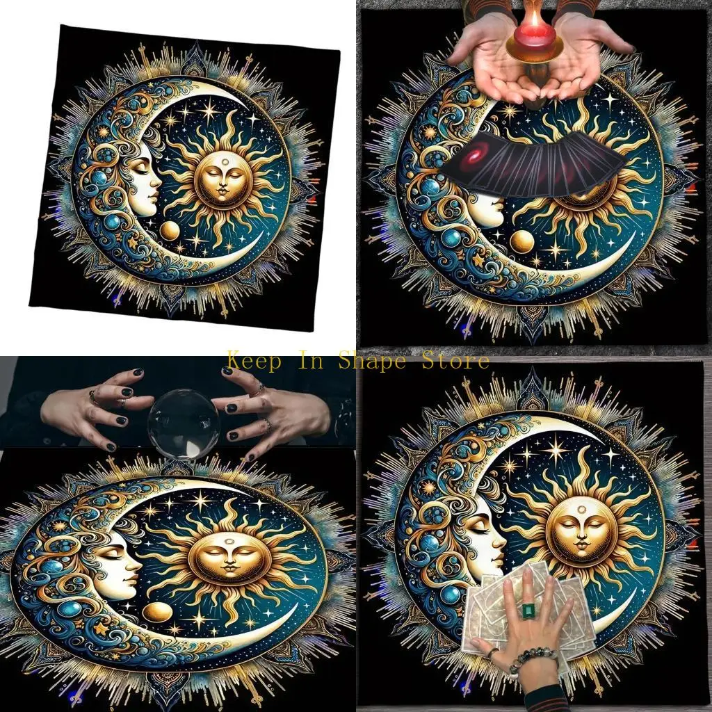 U1JC Sun Moon Pattern Astrology Tablecloth Altars Cloth Square Divinations Card Table Cloth Witchcrafts Deck Cloth
