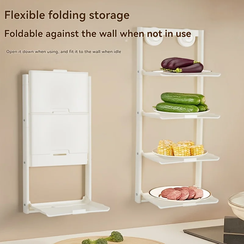 

1 Heavy-Duty Folding Kitchen Storage Rack with Suction Cup Mount Space-Saving Multi-Layer Organizer with Upper and Lower Shelve