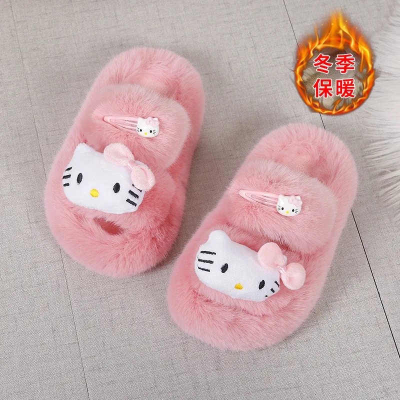 

Kids' Slippers House Shoes Cartoon Hello Kitty Open Toe Winter Shoes For Girls Warm Anti-slip Pink White Shoes Size 26-35