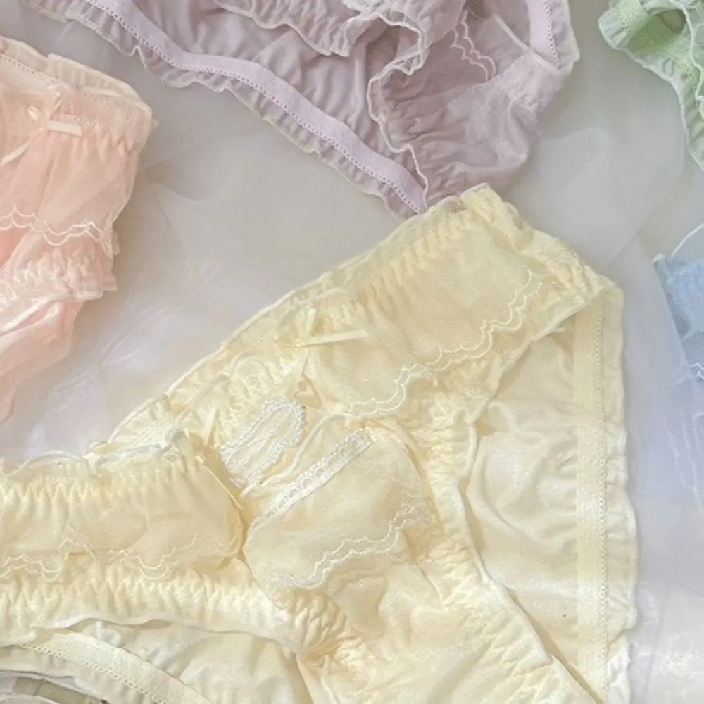 Elastic Kawaii Pure Color Letter Cotton Crotch Ruffles Korean Style Underwear Lace Panties Nylon Lingerie Women Briefs