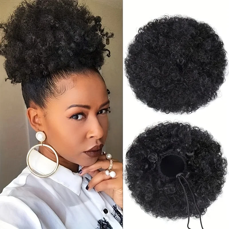6 Inch Afro Puff Drawstring Ponytail - 100% Human Hair Curly Ponytail Extension, Machine-Made Clip-In Ponytail with 2 Clips