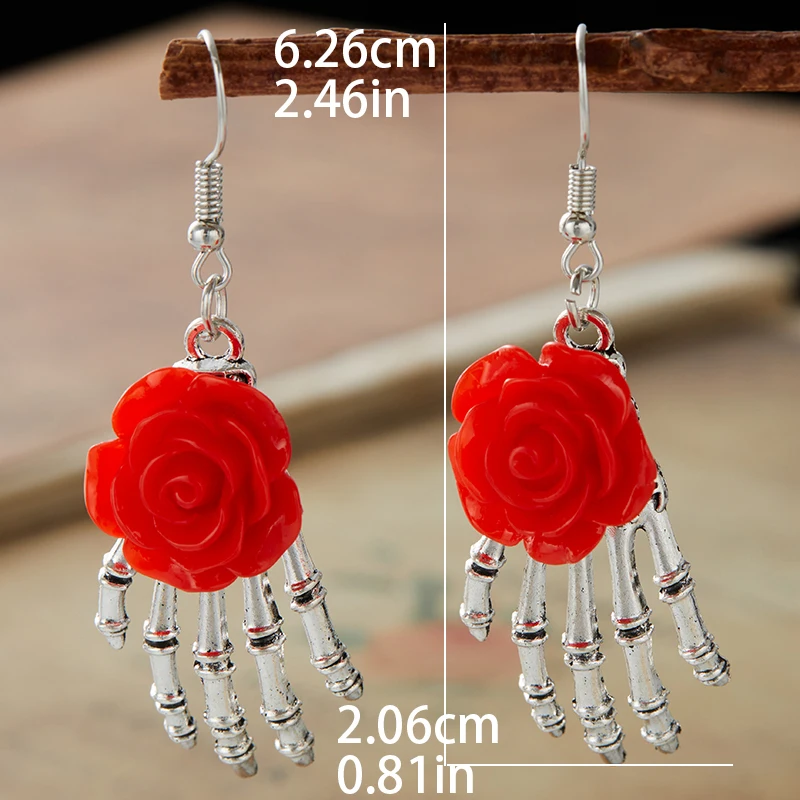 Gothic Red Rose And Silver Plated Skull Hand Earrings Wedding Party Holiday Gift For Men And Women Everyday Jewellery