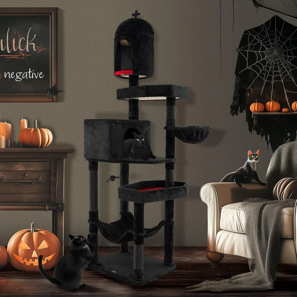 

83 Inch Tall Gothic Cat Tree, Multi-Level Halloween Cat Tower with Coffin Beds, Scratching Posts, 2 Cat Condos, Dangling Balls,