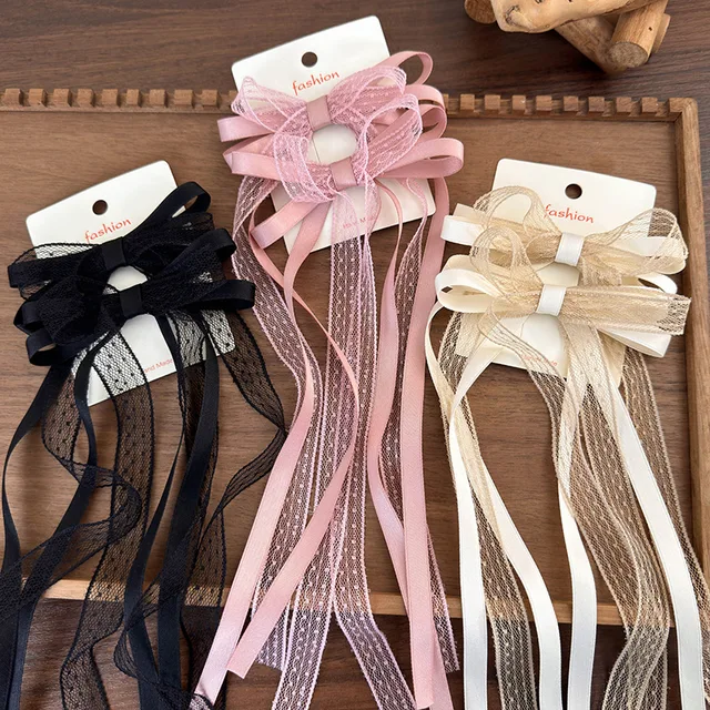 Koreańska koronkowa kokardka spinka do włosów moda długa wstążka spinki do włosów Barrettes opaska dla kobiet dziewczynki słodkie akcesoria do włosów biżuteria ślubna
