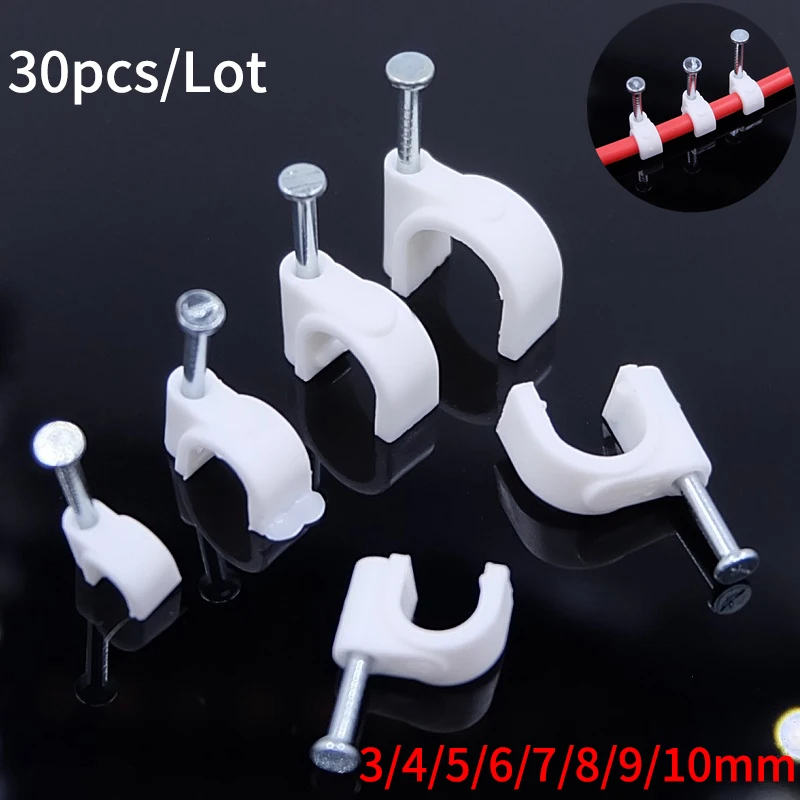 30 sztuk okrągły przewód klipy 3/4/5/6/7/8/9/10mm C Shaped Management Nylon Carbon Steel Nails Line Cord Tie koło drut uchwyt ścienny