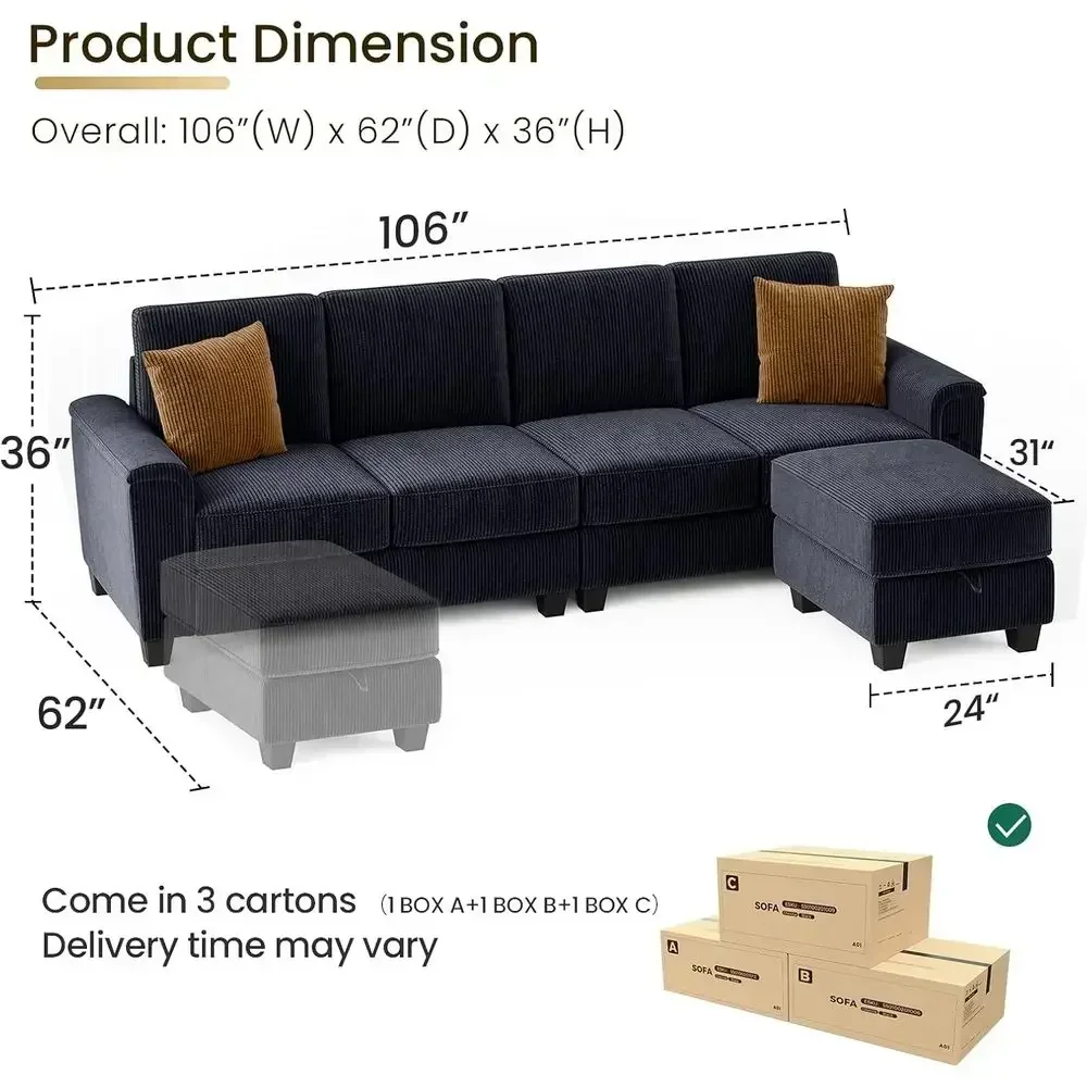 Navy Blue 5-Seater L-Shaped Sectional Sofa with Storage for Living Room, 106 Inches Long