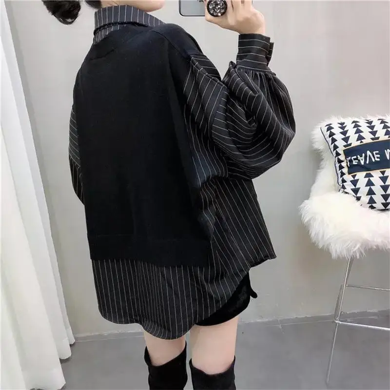 Fashion Spliced Striped Fake Two Pieces Blouses Women\'s Clothing 2023 Autumn Winter Loose Casual Pullovers Asymmetrical Shirts