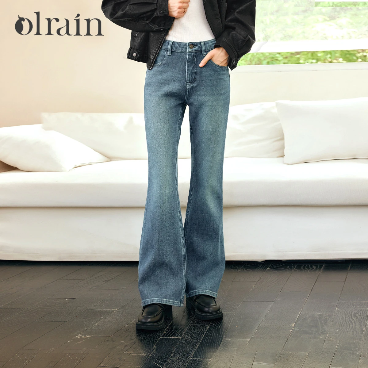 OLrain American Style Vintage Jeans Women 2026 Autumn Cotton Skinny Washed Denim Flare Commute Pants Female Clothing N57CA96153