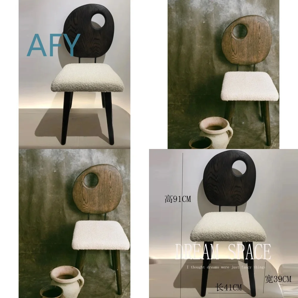 Wabi Sansan Lamb Fleece Ash Wood Dining Chair for Home Office Bedroom Living Room Study Book Chair Retro Design Homestay