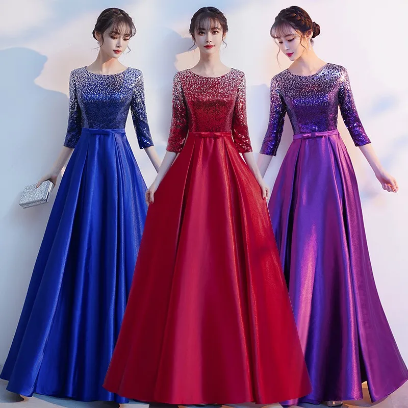 

XXBY-78#Cantata Performance Dress Cheap Wholesale Long Choir Host Sequins Evening Dresses Blue Wine Red Chorus Stylish Costumes