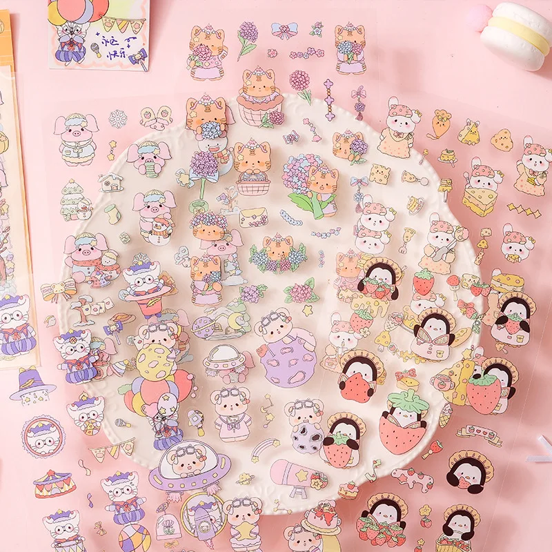 6 Sheets Kawaii Cartoon Stickers Cute Pet Animal DIY Sketch Gift For Junk Journal Phone Laptop Scrapbooking Supplies Waterproof