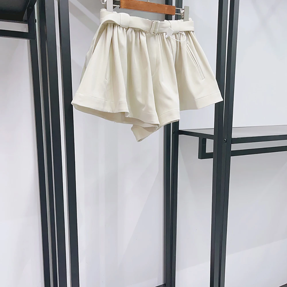 Women High Waist Wide Leg Shorts With Belt Elastic Waist Zipper Pockets Loose Fit Casual Office Streetwear Ladies Short Pants