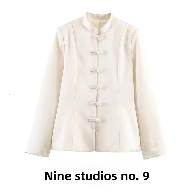 

Fashionable Stand Collar Button up Jacket Waist Cinched Silk Satin Pure Color Top Women's Spring Long Sleeve Polyester Fiber