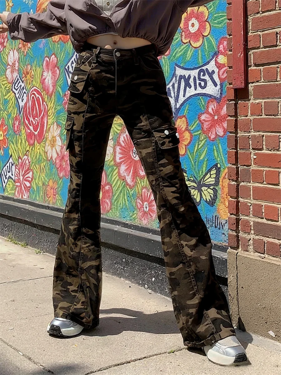 

Camouflage Slim Skinny Floor Jeans Womens High Waist Vintage Flared Leg Ripped Distressed Patchwork Pleated Stretch Pocket Blue