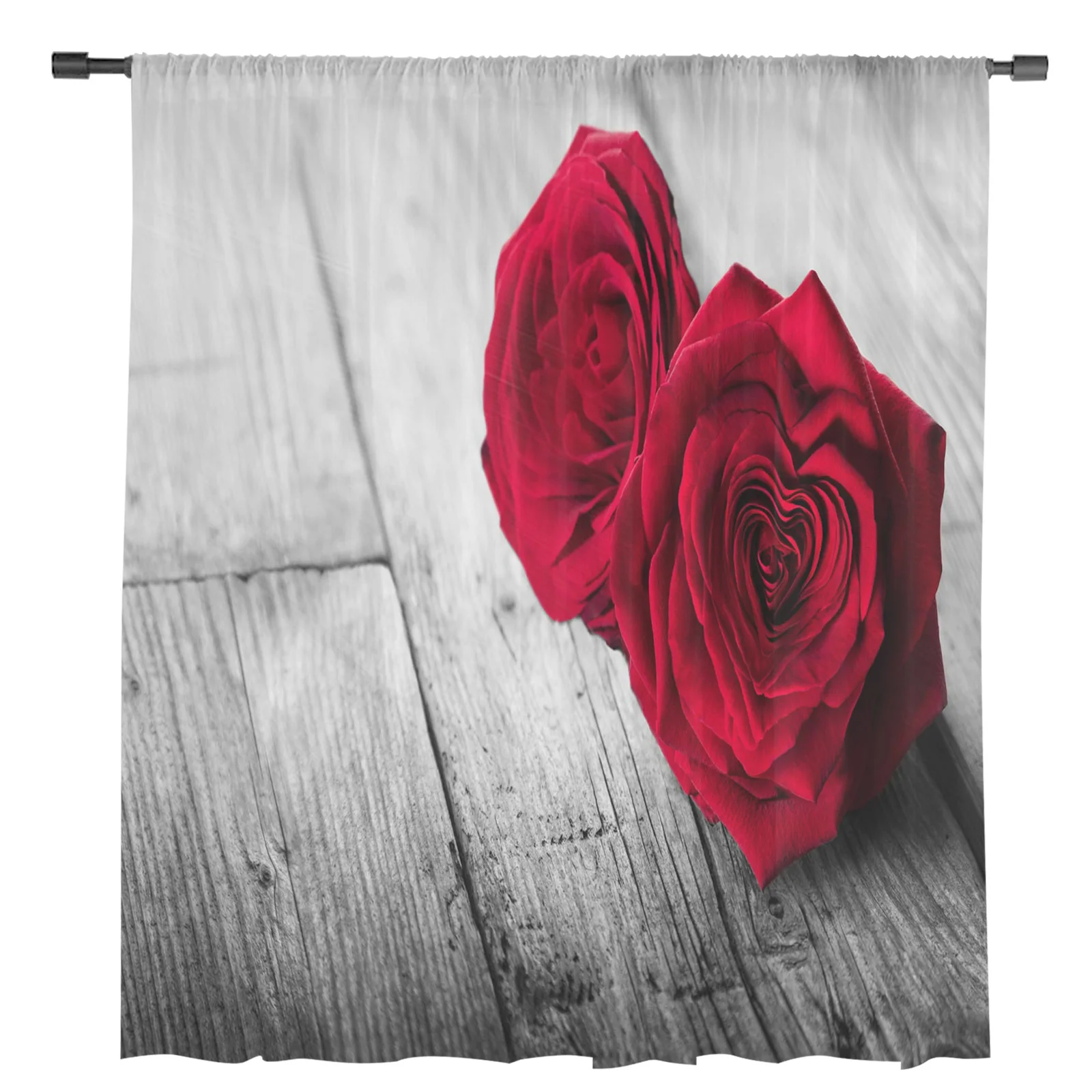 Rose Flower Red Love Wooden Board Tulle Sheer Curtains for Living Room Bedroom the Room Kitchen Voile Decoration Curtains