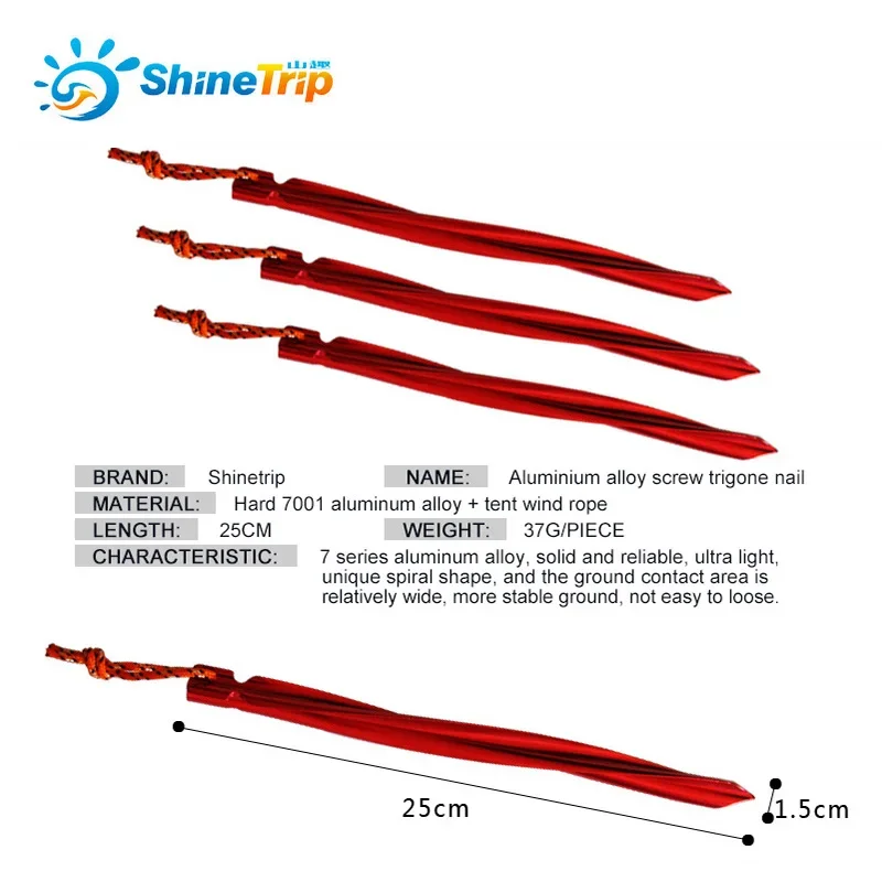 4 Shinetrip Hợp Kim Nhôm Vít Trigone Móng Tay Cắm Trại Sandbeach Xoáy Hình Lều Peg Có Dây Kéo Kèm Miếng 25cm