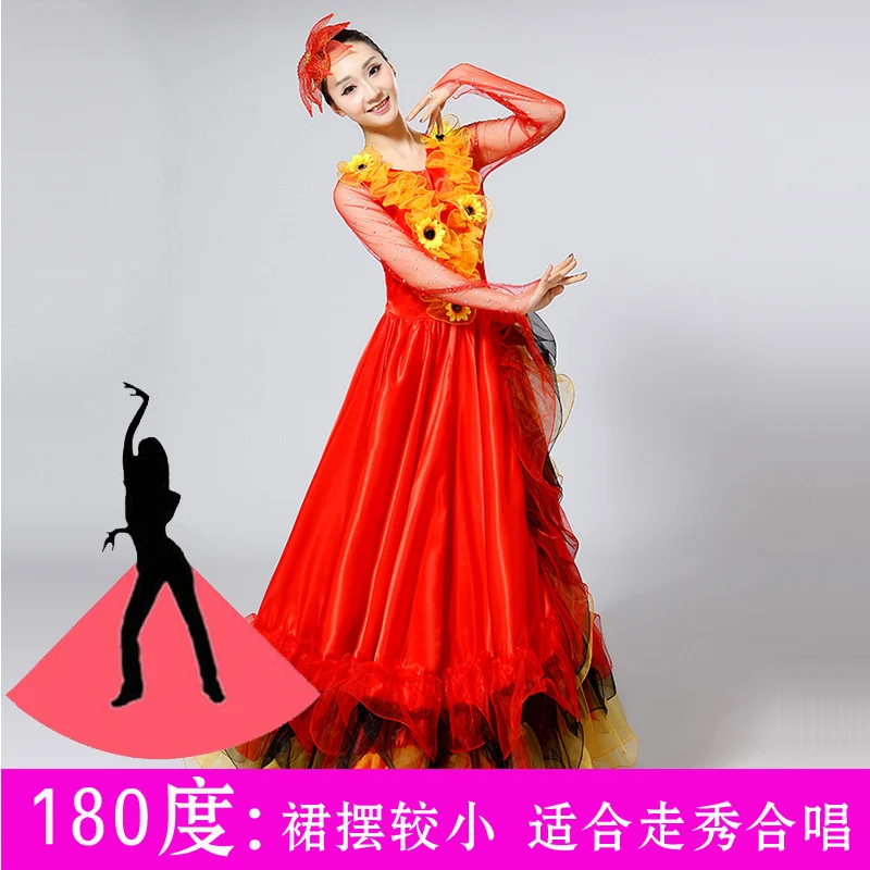 New Woman Opening Dance Costume Female Spanish Big Swing Dress Stage Performance Clothing Dancing National Costume Adult Red