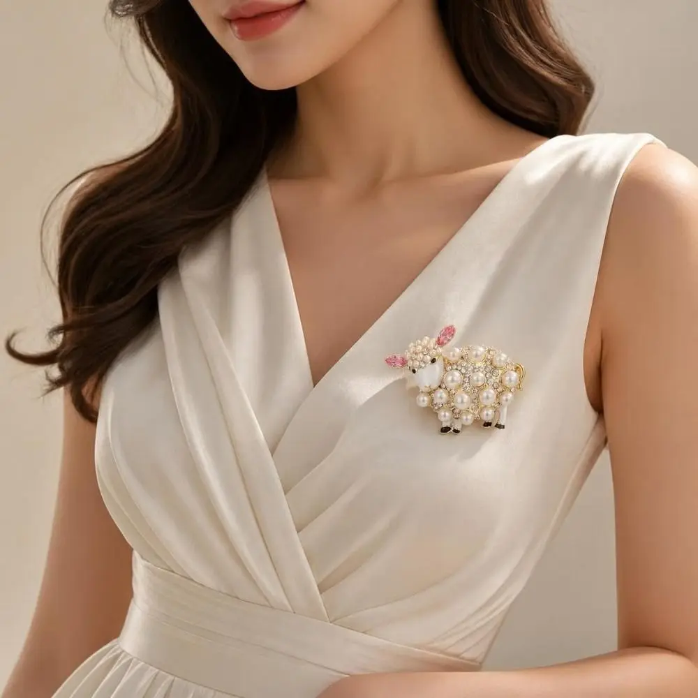 New Pearl Sheep Brooch Rhinestone Creative Style Brooch Pin Versatile Cute Sheep Shape Coat Closure Pin Cardigan Coat Styling