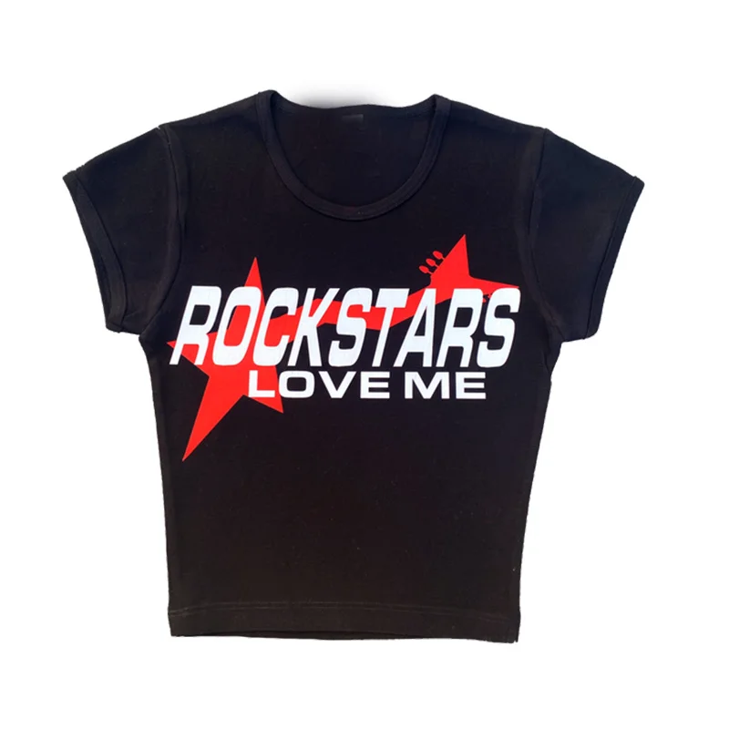 Rockstars Love Me Baby Tee gothic  cyber y2k crop top Woman manga goth Kawaii cropped tshirt