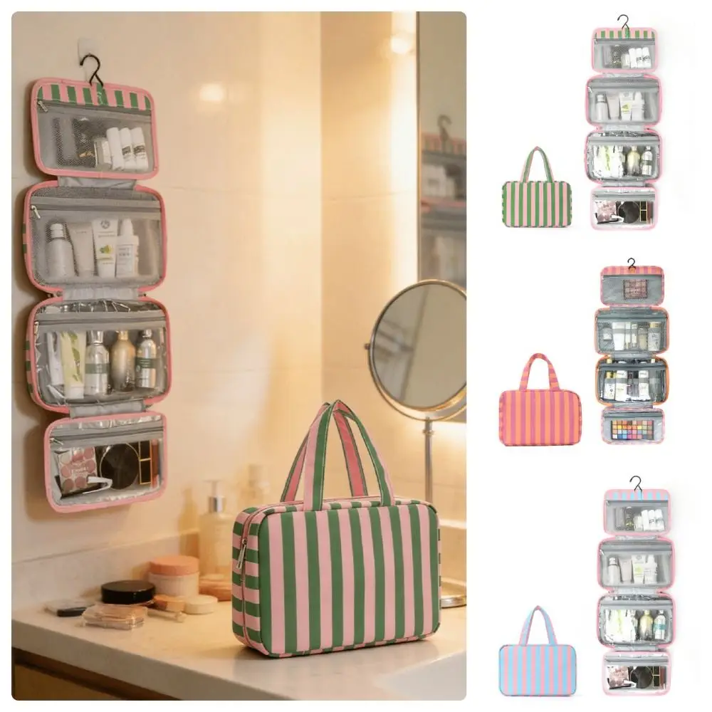 Portable Hanging Travel Toiletry Bag Striped 4-Fold Cosmetic Organizer with Hook Large Capacity Cosmetic Bag Travel