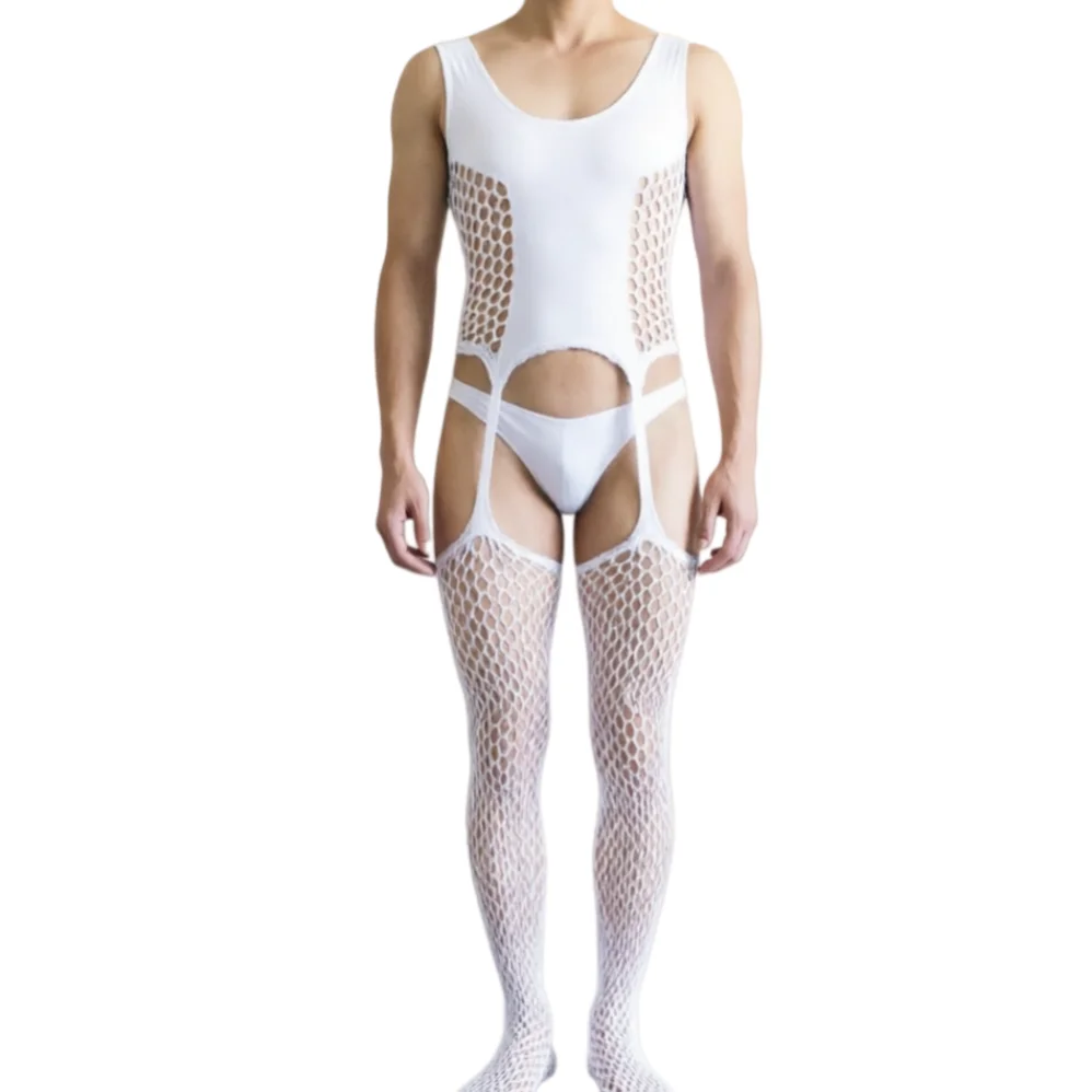 

Fetish White Bodystockings for Men's Underwear Sexy Fishnet Bodysuits Male Open Crotch Nightgown Sissy Gay Clothes Mesh