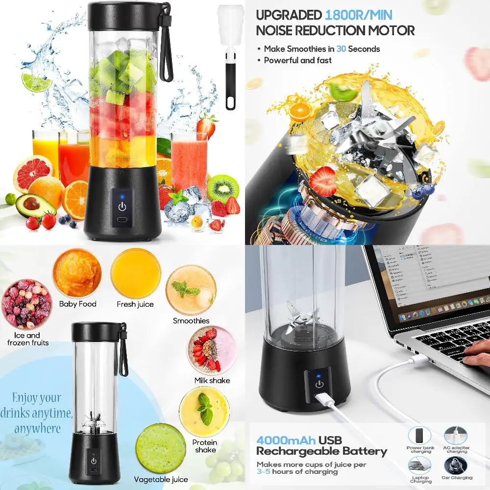 

Compact Portable 4000mAh Personal Blender for Shakes and Smoothies - USB Rechargeable Mini Blender with 6 Blades and Blender Bot