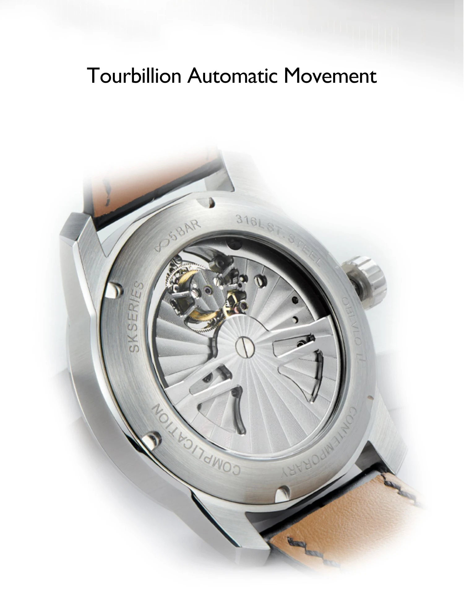 OBLVLO Orologi automatici da uomo Orologio Tourbillon da 42 mm Orologio da polso meccanico di lusso Chiusura a farfalla con scheletro in zaffiro impermeabile