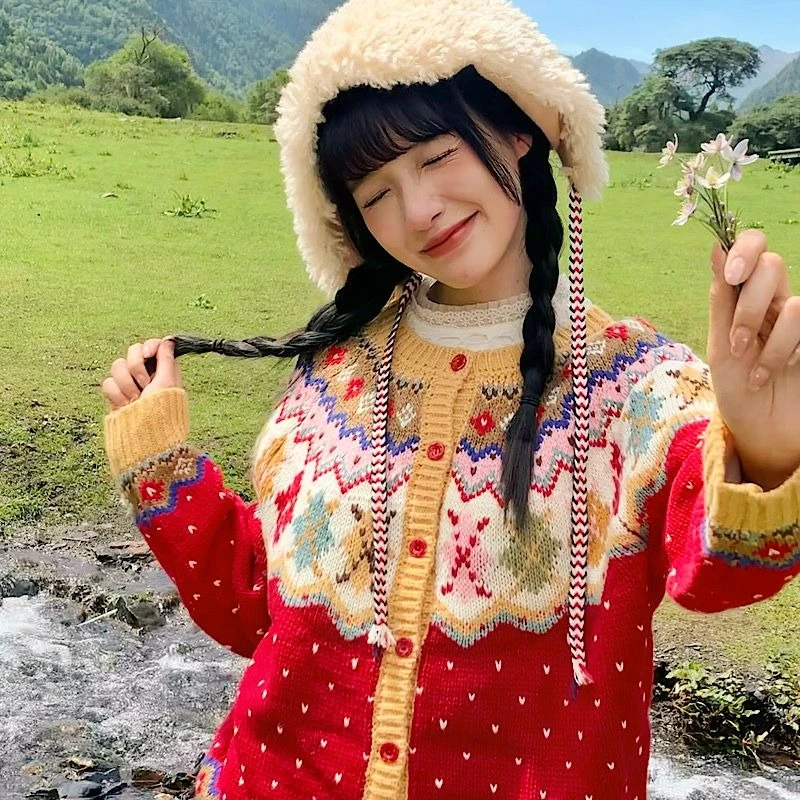 Kerst Jacquard Ontwerp Single-breasted Trui voor Vrouwen 2026 Herfst/winter Nieuwe Stijl Modieuze Losse Gebreide Top voor Vrouwen