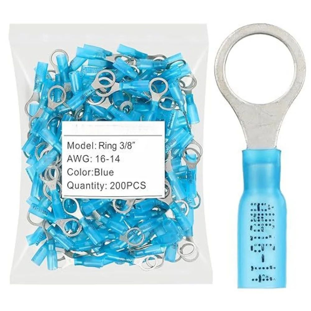 

200PCS Blue RV2-10 Ring Heat Shrink Electrical Connector Crimp Terminals 16-14AWG 3/8" M10 Stud