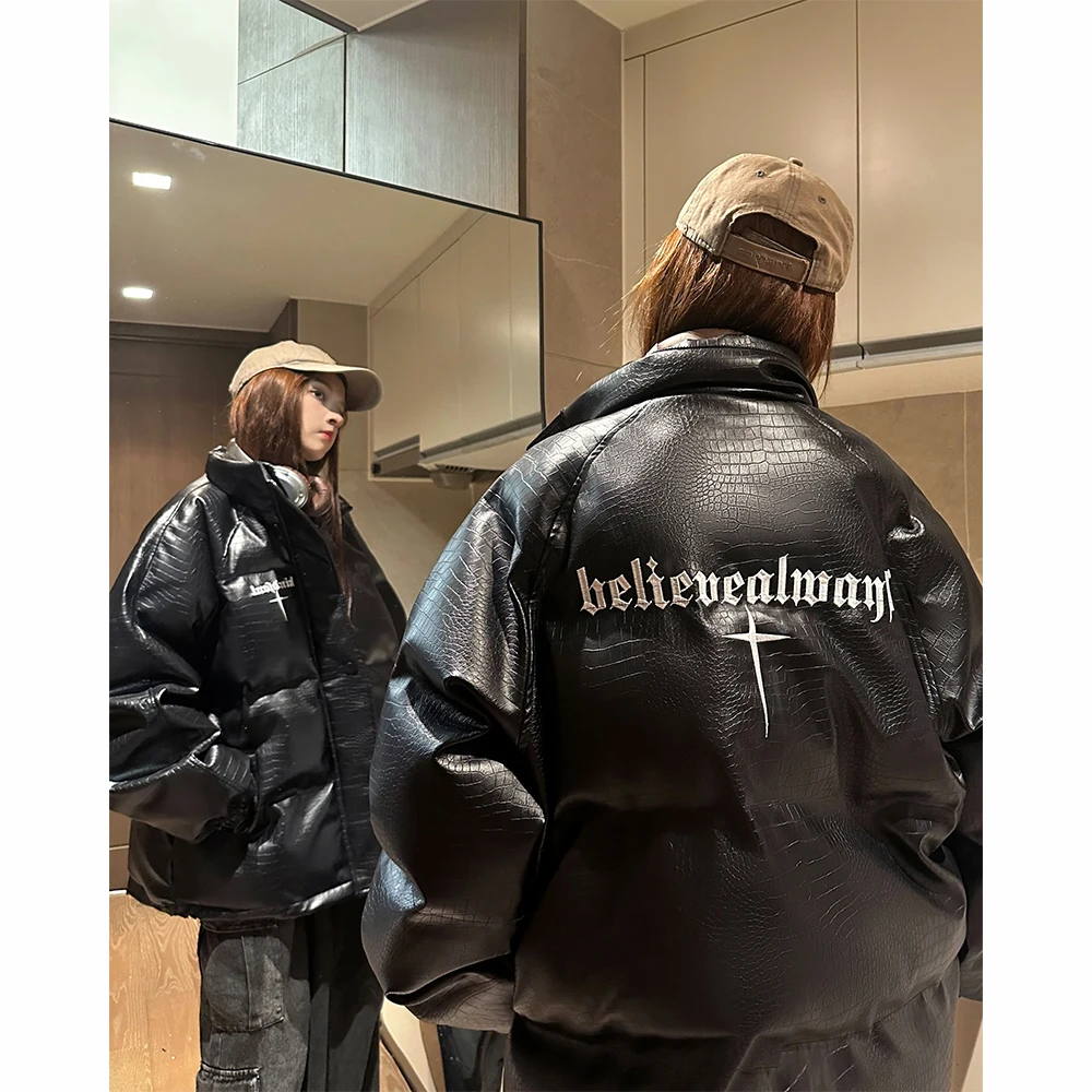 

Men's Winter Thiened Warm PU Leather Cotton Jaet High Street Sle Casual Outerwear Youth Faion Cleanfit Zipper Closure