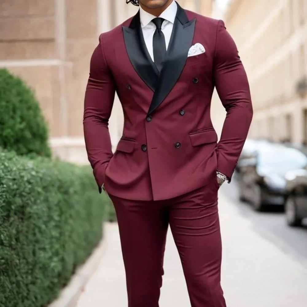 

Fashion Burgundy Suits For Mens Business Blazer Double Breasted Wedding Groom Tuxedo 2 Piece Groomsman Party Prom Costume Homme