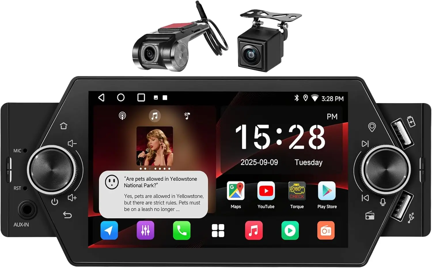 

5 Inch Android Car Radio with Android Auto, CarPlay, Bluetooth, Dashcam & Backup Camera, GPS, Wi-Fi, Fast Charging