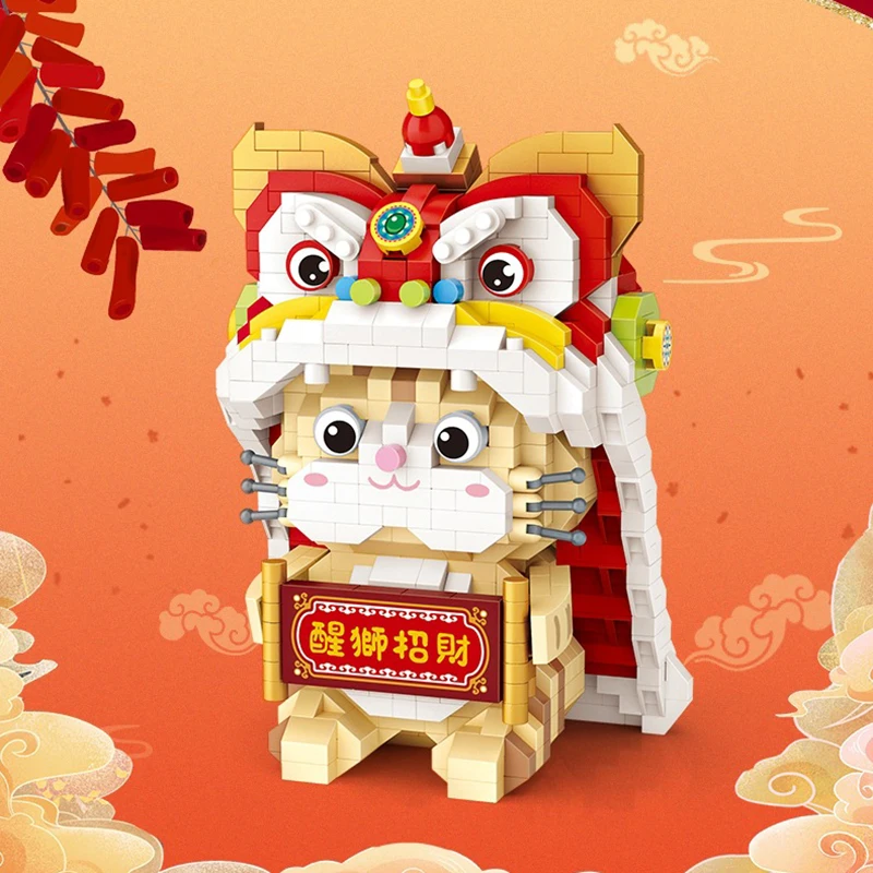 

950pcs Mini Building Block Lion Dance Lucky Cat Model Brick Block Chinese Traditional Culture Spring Festival Activity Toy Gift