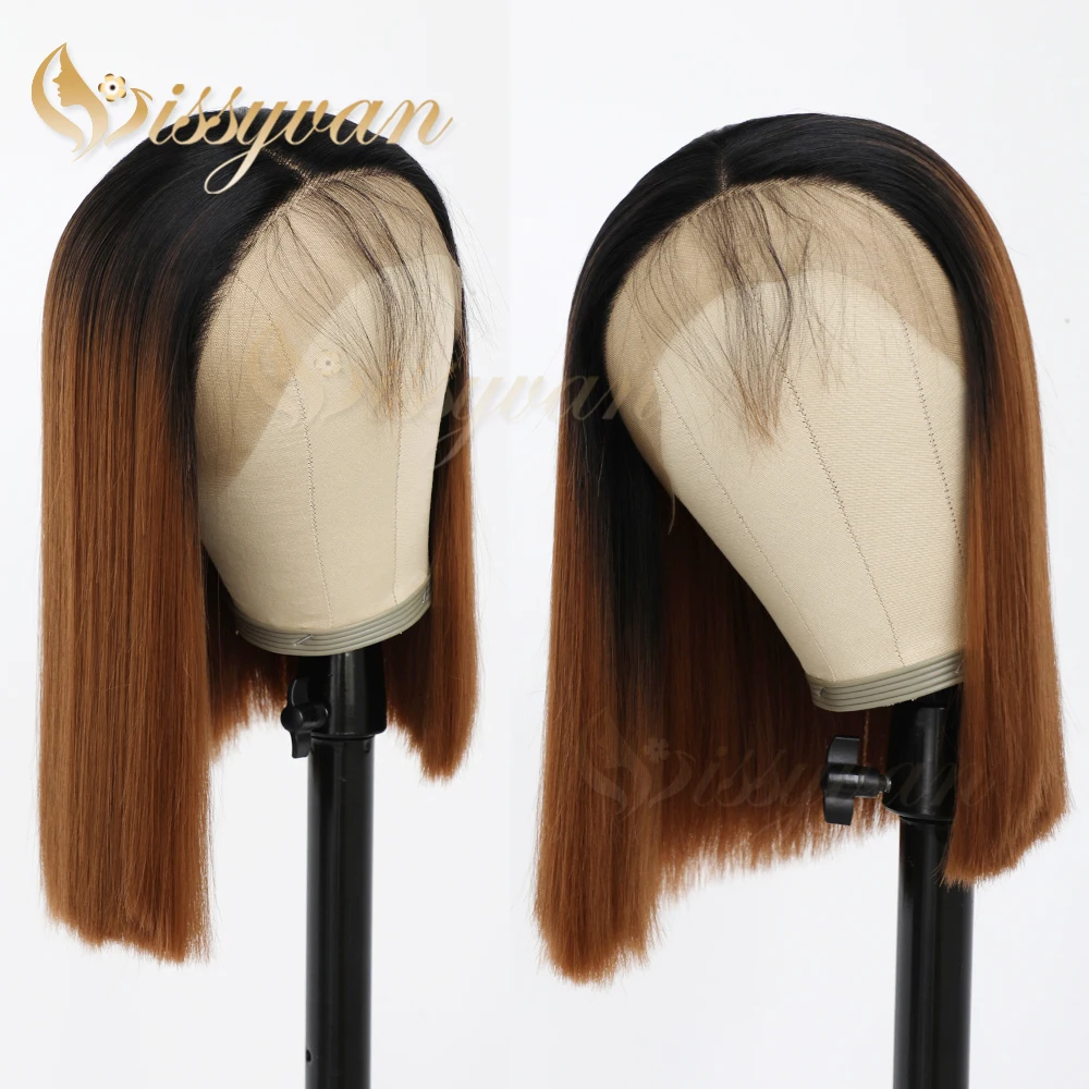 Missyvan Brown Ombre Color Short Bob Hair with Babyhair Synthetic Lace Front Wigs for Black Women