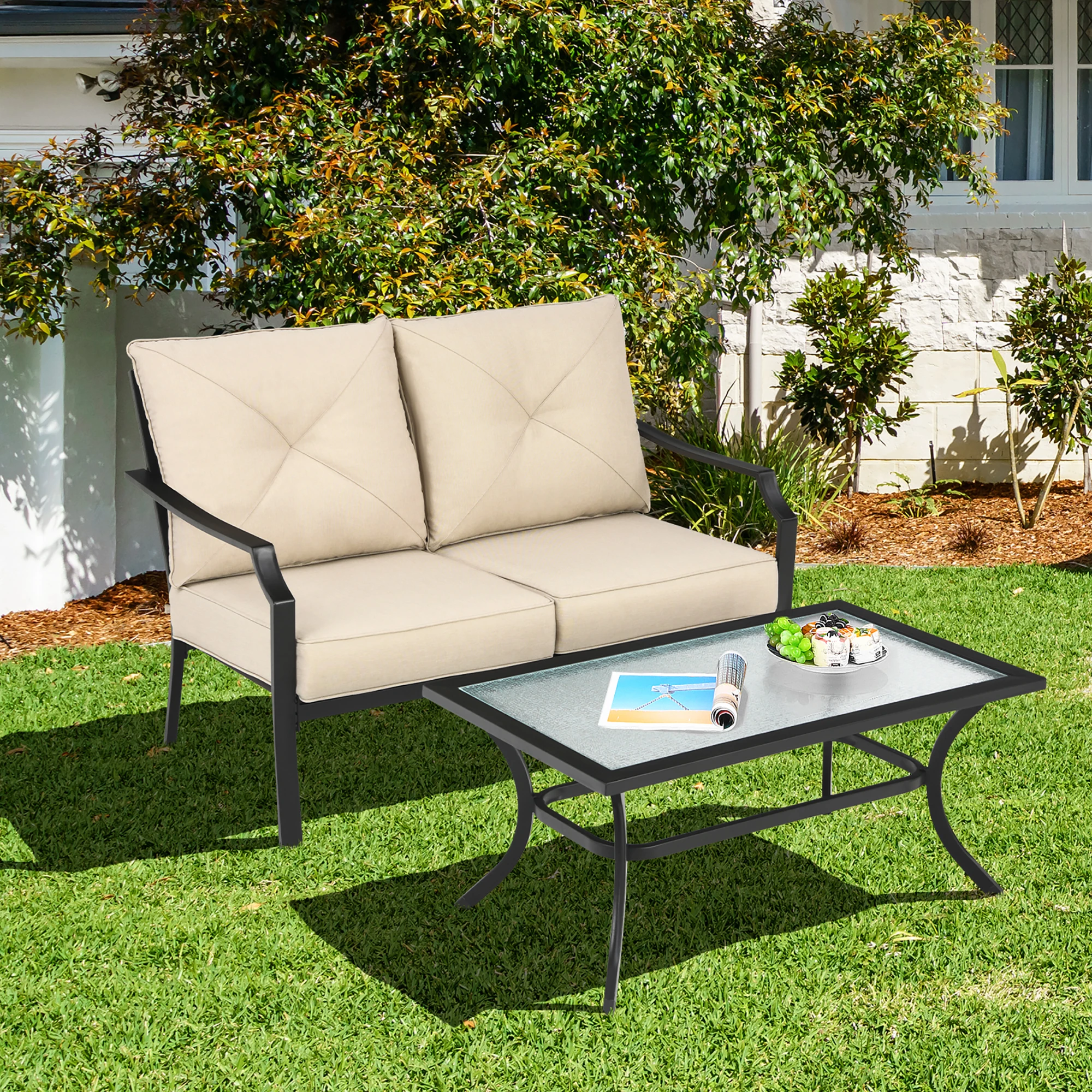 2 PCS Patio Loveseat with Coffee Table Outdoor Sofa Bench with Cushions