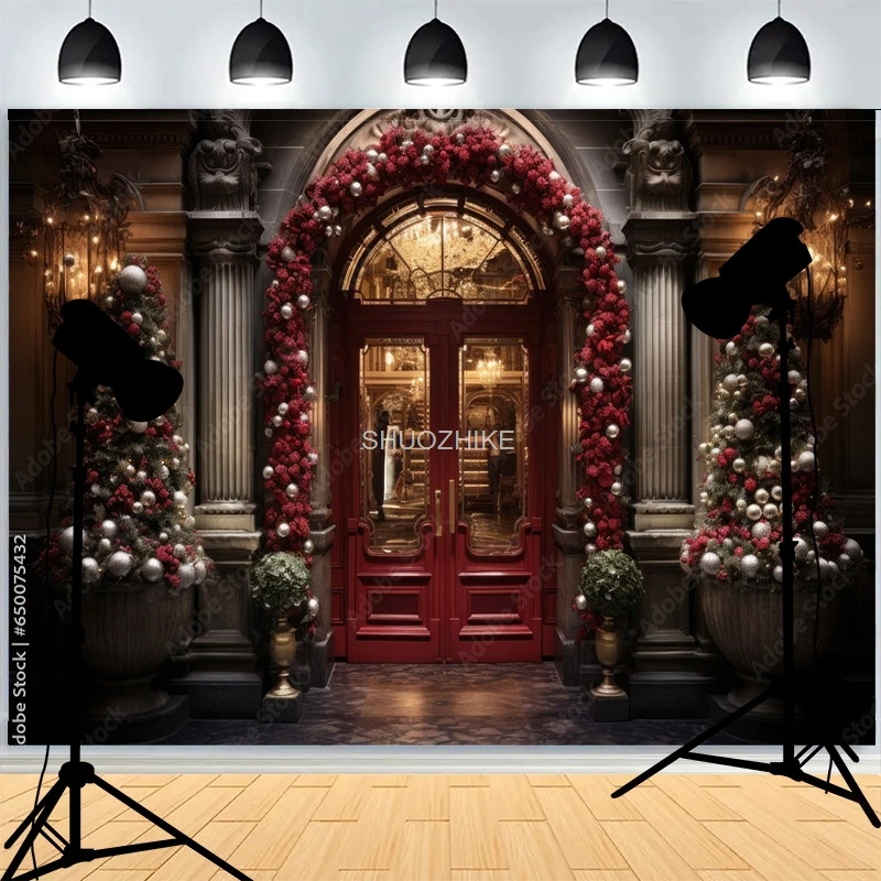 

Christmas Day Wreach Snowflake Photography Backdrops Front Door Winter New Year Cottage Living Room Decoration Background DD-06