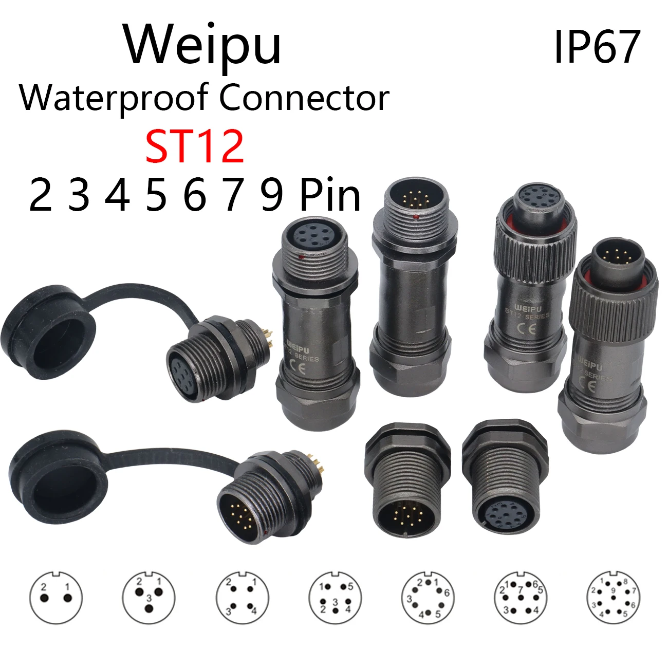 WEIPU ST12 Series Waterproof Connector 2 3 4 5 6 7 9Pin Aviation Plug, Socket and Plug Cable Power Connector, Round Plug