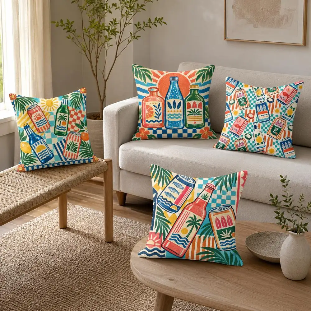 Poolside Bottles Cushion Cover Organic Linen Throw Pillow Cover - Double-Sided Print Breathable Cushion Case Home Decor