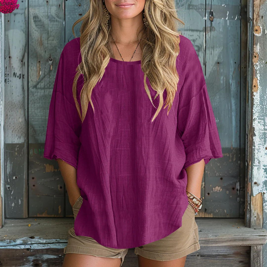 Camisa holgada de verano para mujer, Jersey sencillo de algodón y lino con cuello redondo, camiseta básica de Color sólido a la moda con manga de 7 puntos