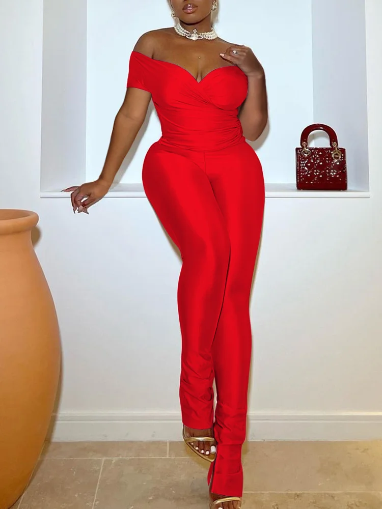 Solid Elegant 2 Piece Sets Women Outfit Clubwear Birthday Off the Shoulder V-neck Ruched Top and Pants Matching Sets Wholesale