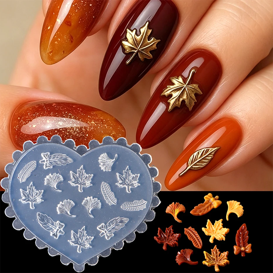 Autumn Fall Leaf Silicone Nail Mold Leaves Nail Art Molds Maple Feather Silicone Mould 3D Nail Carving Mold Manicure Decoration