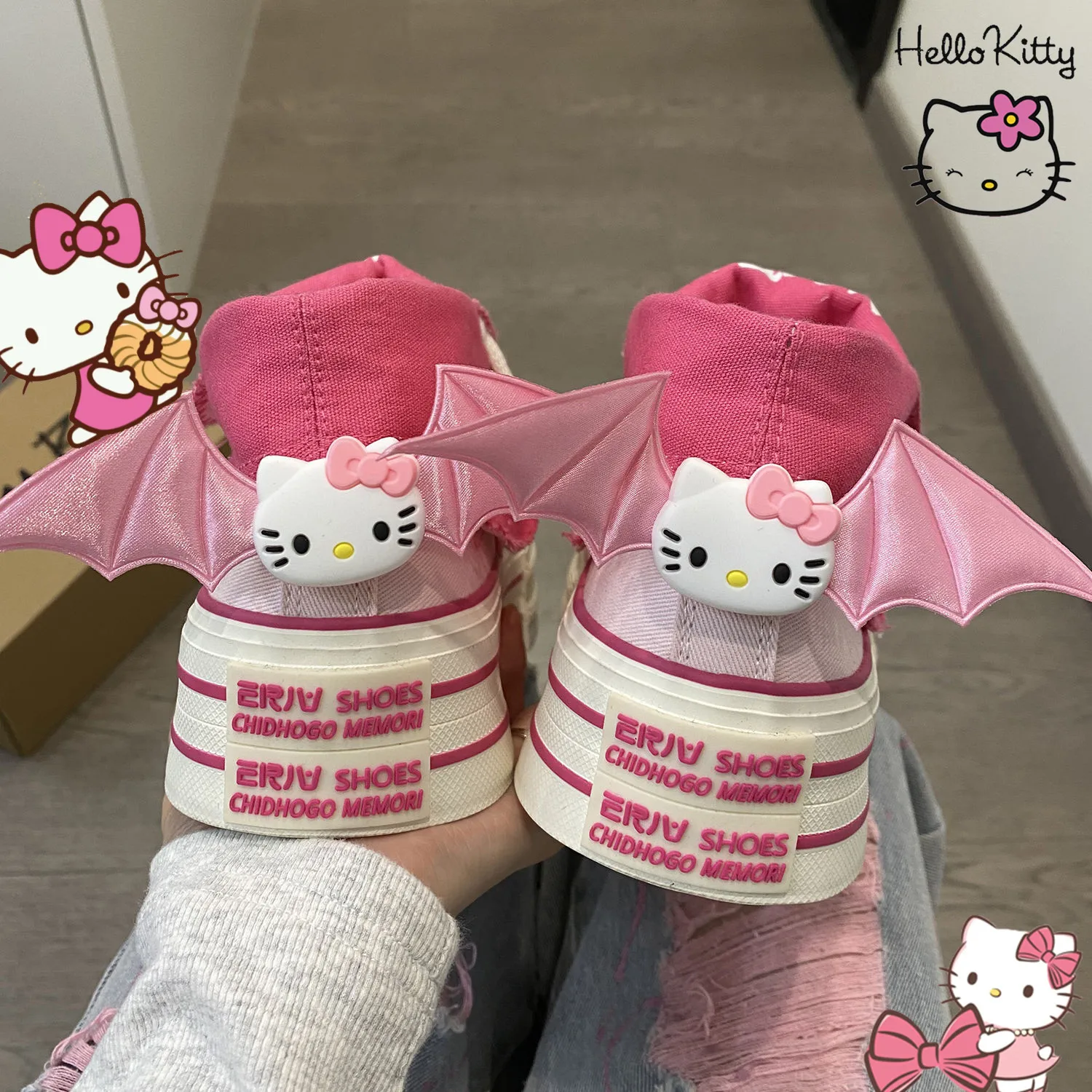 Kawaii Hello Kitty Canvas Shoes Student Girl Red High Top Female 2024 New Summer Thick Sole Cartoon Sneakers Birthday Gift