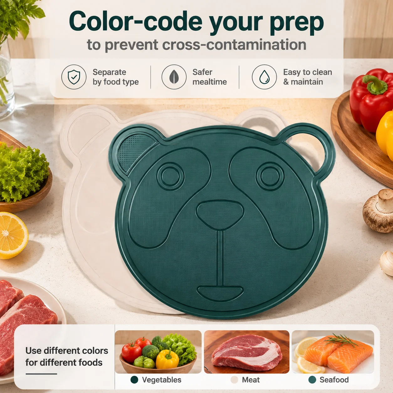 Baby Food Healthy - 2ピースの漫画風クマ型カッティングボードセット。生鮮食品と調理済み食品を分けるためのカラーコーディングが施されており、効果的に交差汚染を防ぎます。 このまな板は排水溝があり、滑りにくく、吊り下げて簡単に収納できます。 ベビーフードやその他の食材を調理するのに便利なキッチンツールで、耐久性があり滑りにくく、生の食品と調理済みの食品を分けて収納できるため、健康的な調理を促進します。