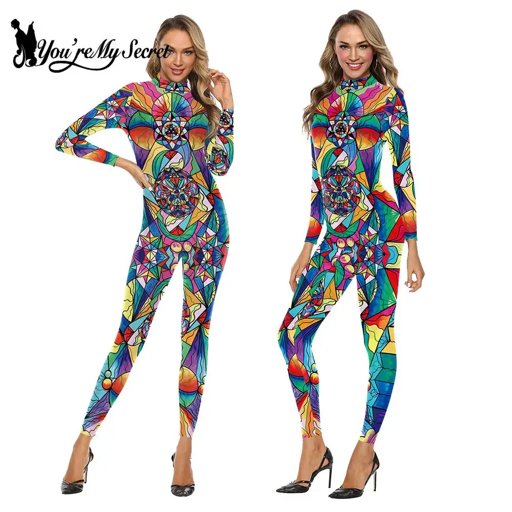 

[You're My Secret] Women Colorful Bohemian Graffiti Printed Bodysuits Halloween Carnival Long Sleeve Bodysuit Cosplay Costumes