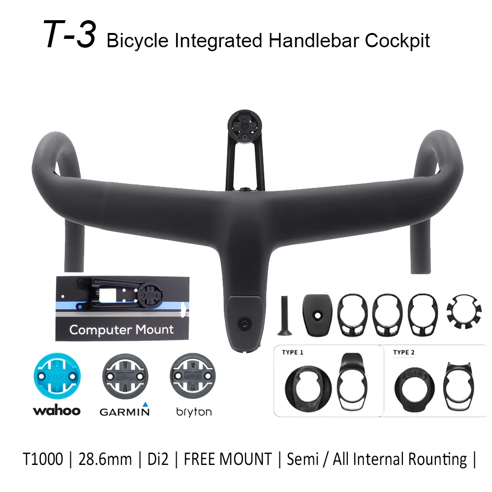 T-3 Carbon Cockpit trek spacer Full Internal cable Road Bicycle Handlebar Di2 Integrated Handlebar Cockpit FREE Mount