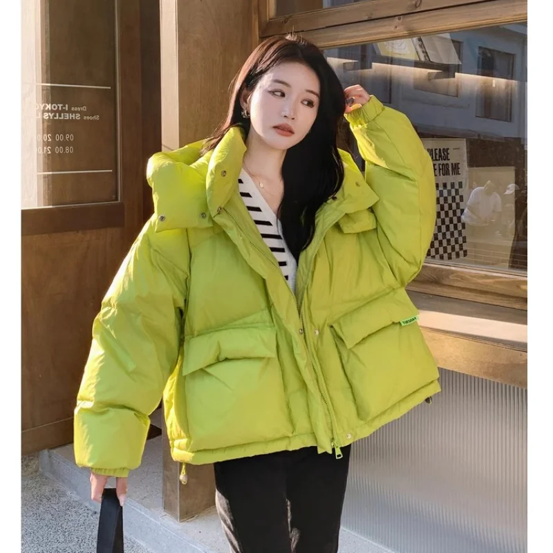 Green Down Jacket Women Coat Black Hooded Fashion American Streetwear Y2K Style Duck Down Feather Female Winter Short Outwear